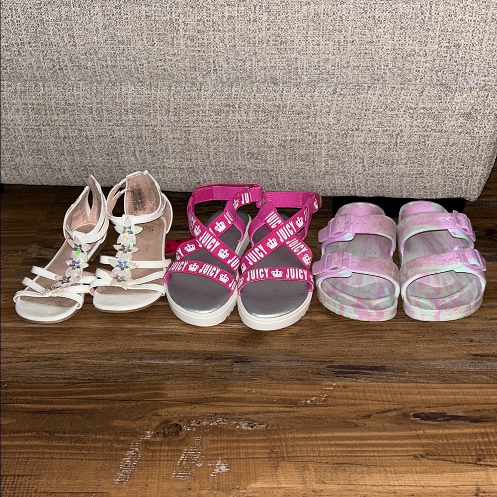 3 pairs of Kids Sandals- juicy couture, purple tye dye and white flower sandals